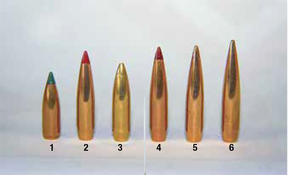 Bullets used for handloading test ammunition for the 22 ARC Mini Action Fence Line included: (1) Sierra’s 55-grain VarmintKing, (2) Hornady’s 69-grain ELD-VT, (3) RMR Bullets’ 75-grain 3-Gun-Hunting (dropped due to poor groups), (4) Hornady’s 80-grain ELD Match, (5) Berger’s 85.5-grain LR Hybrid Target and (6) Berger’s 90-grain VLD Target.